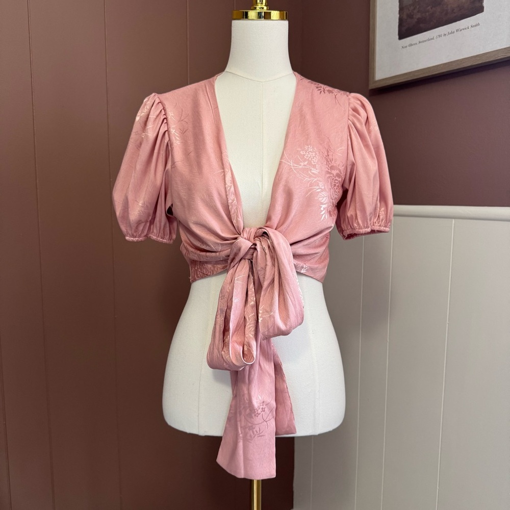Lulus Pink Floral Satin Wrap Blouse - Picture 3 of 13
